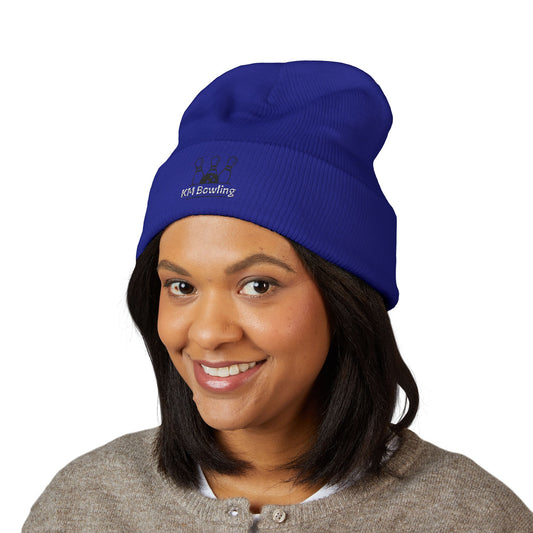 Embroidered Bowling Pins Beanie — Classic Cuffed Knit Hat + KM Bowling