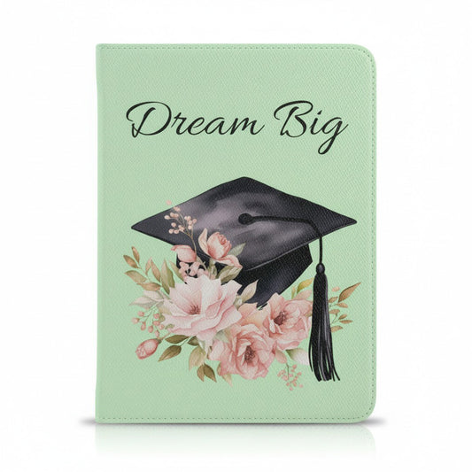Dream Big graduation Kindle case mint green with watercolor floral graduation cap design, clean product photo on white background