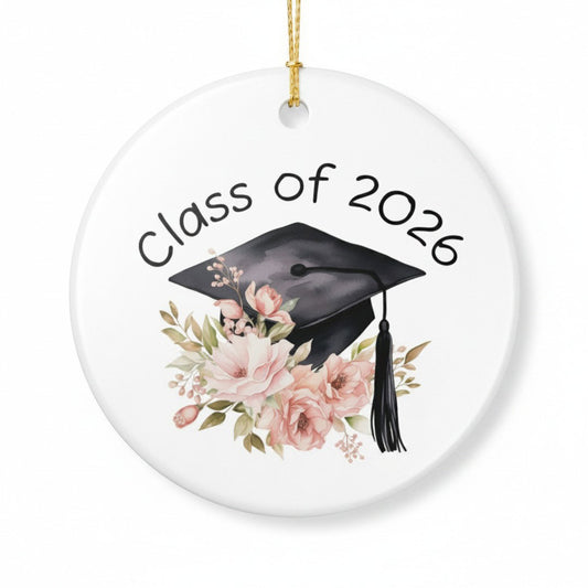 Class of 2026 floral graduation cap ceramic ornament on white background, blush pink roses and gold string, keepsake graduation gift