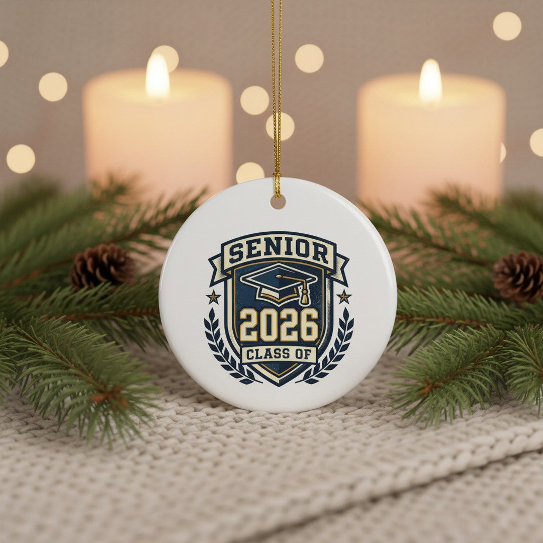 Senior 2026 Class Of graduation ornament displayed on cream knit surface with pine branches and glowing pillar candles, cozy holiday keepsake