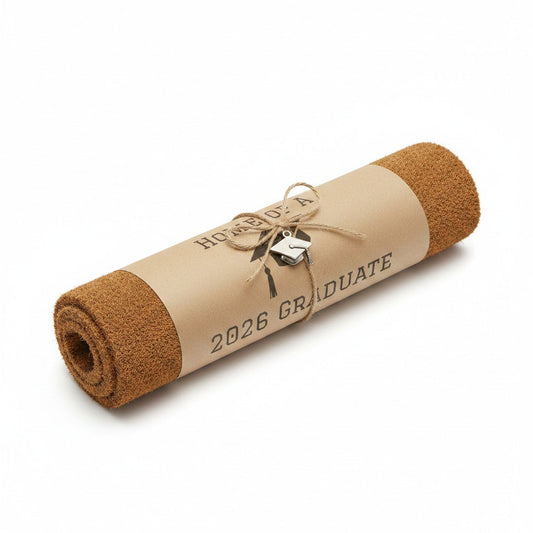 Home of a 2026 Graduate coir doormat rolled and wrapped in kraft paper with twine bow and graduation cap charm, unique graduation gift idea