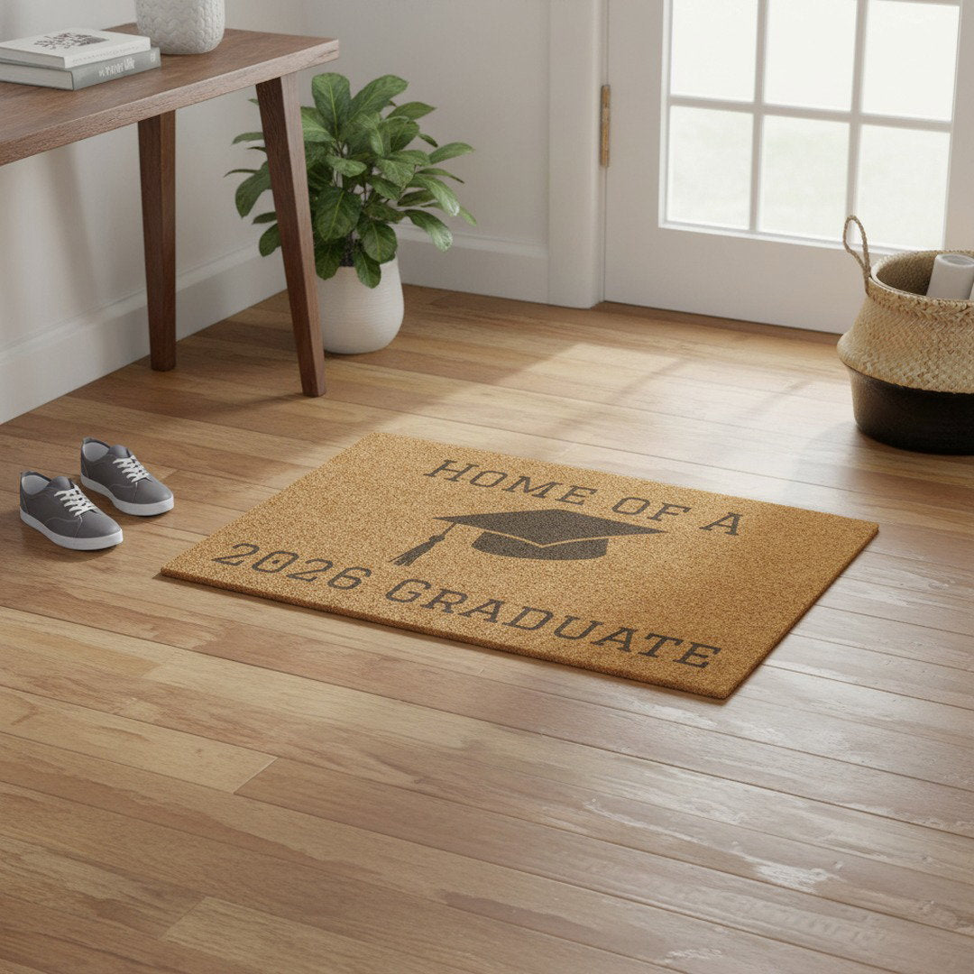 Home of a 2026 Graduate doormat in bright home entryway on hardwood floor beside console table and large green plant, graduation decor