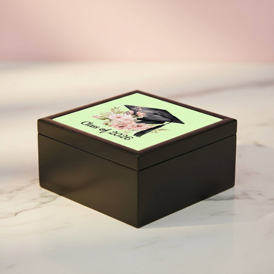 Class of 2026 floral graduation jewelry box with sage green tile lid, sitting on white marble surface
