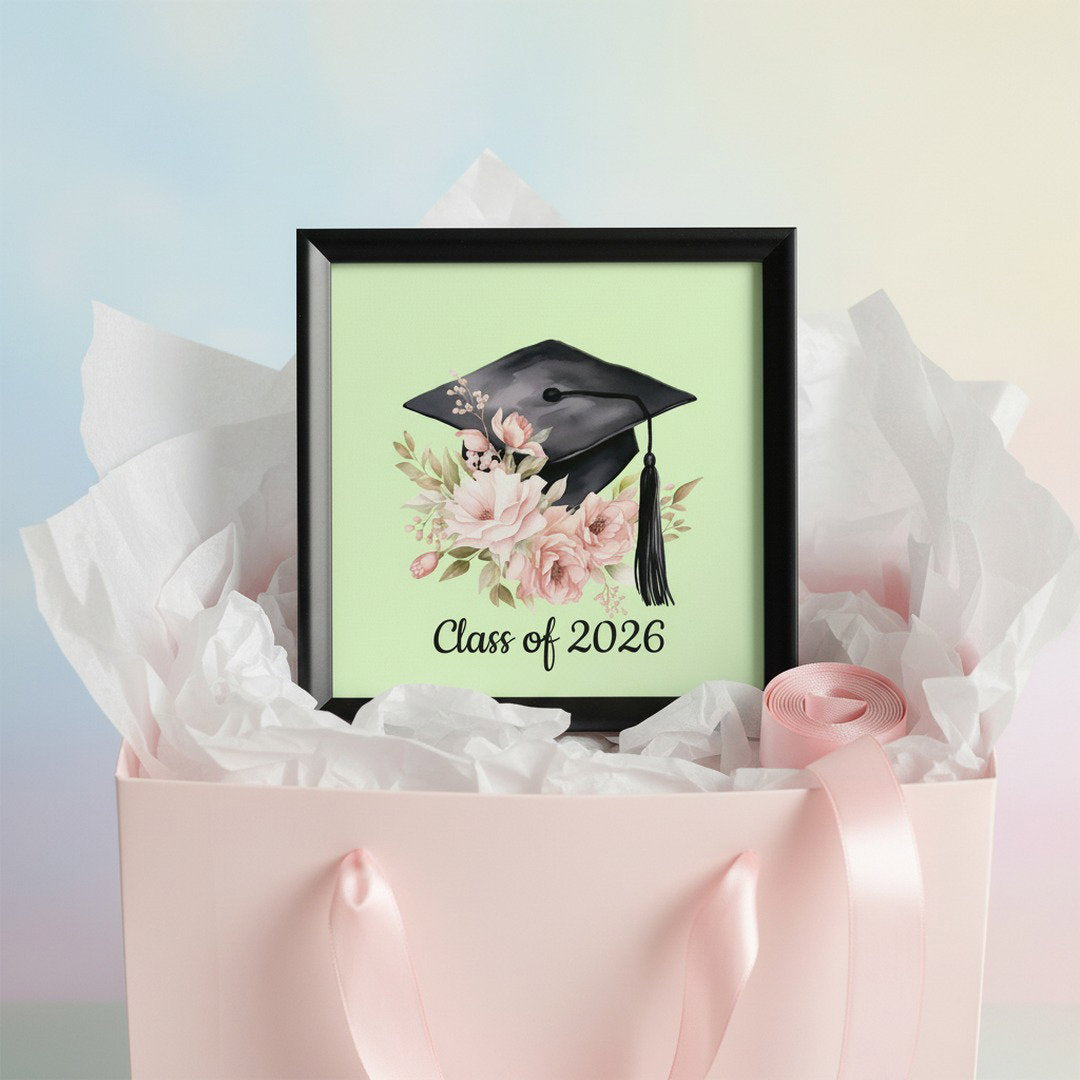 Class of 2026 graduation jewelry box gift set in pink gift bag with white tissue paper and pink ribbon