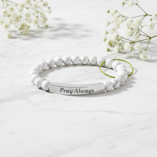 Pray Always Natural Stone Stretch Bracelet — Engraved Faith Bracelet