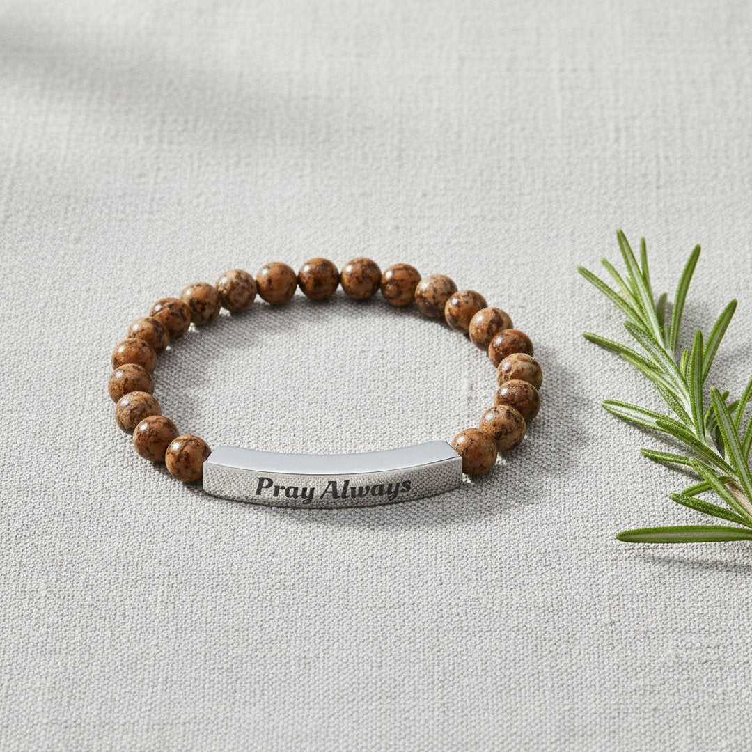 Pray Always Natural Stone Stretch Bracelet — Engraved Faith Bracelet