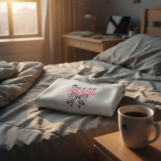 Grey Class of 2026 Senior Bow Hoodie folded on a dorm room bed with morning sunlight, checkered bow graphic