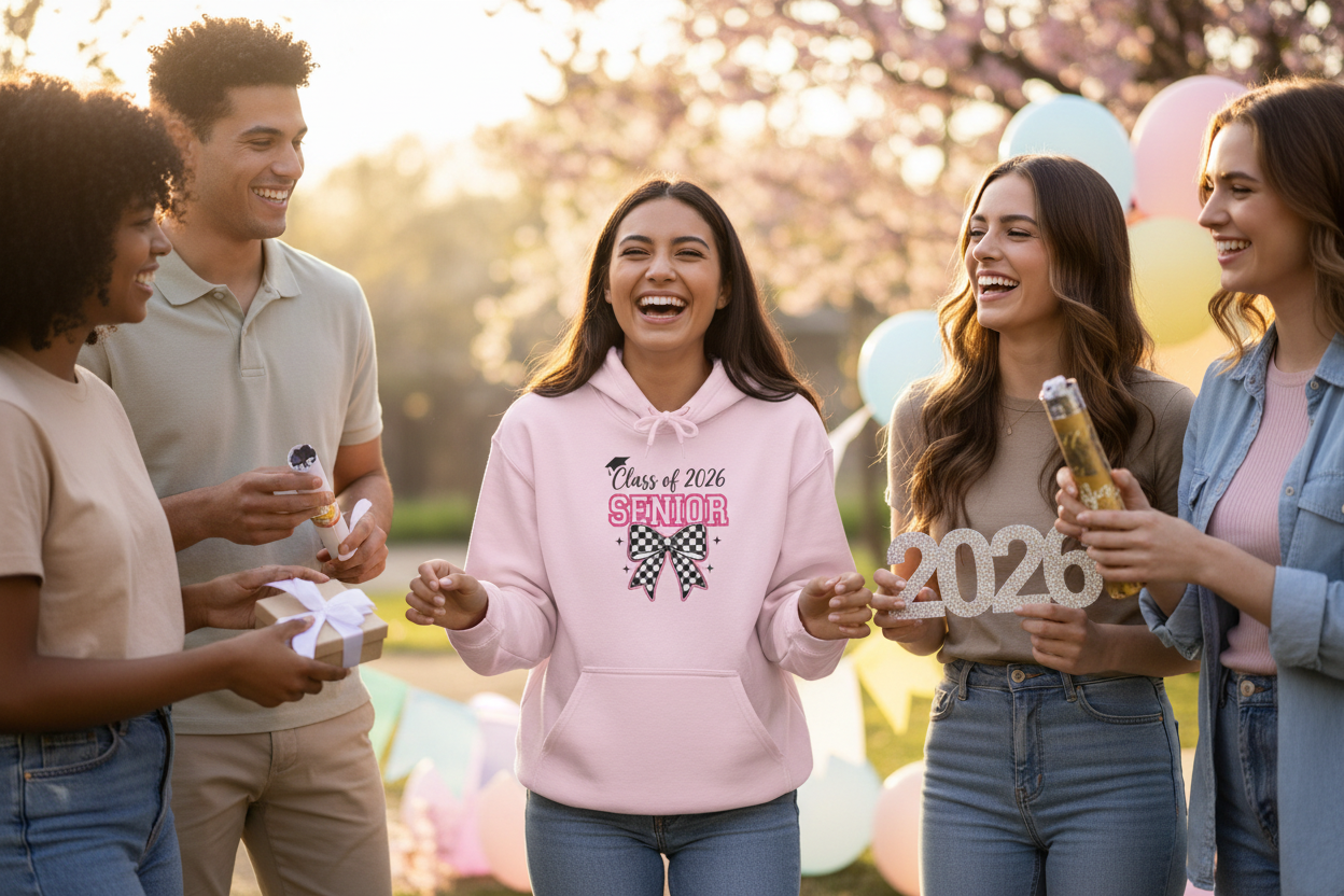 Young woman wearing a light pink Class of 2026 Senior Bow Hoodie celebrating with friends at a graduation party with balloons and confetti