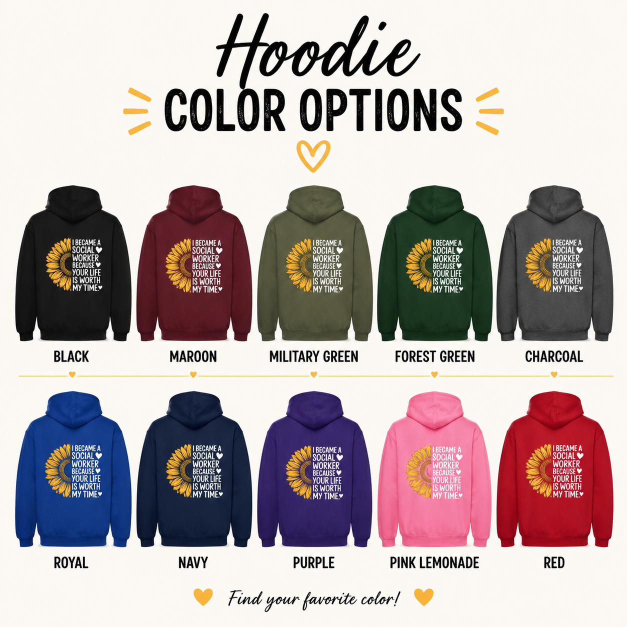 Social Worker Half Sunflower Hoodie — Minimal Yellow Floral Back Print
