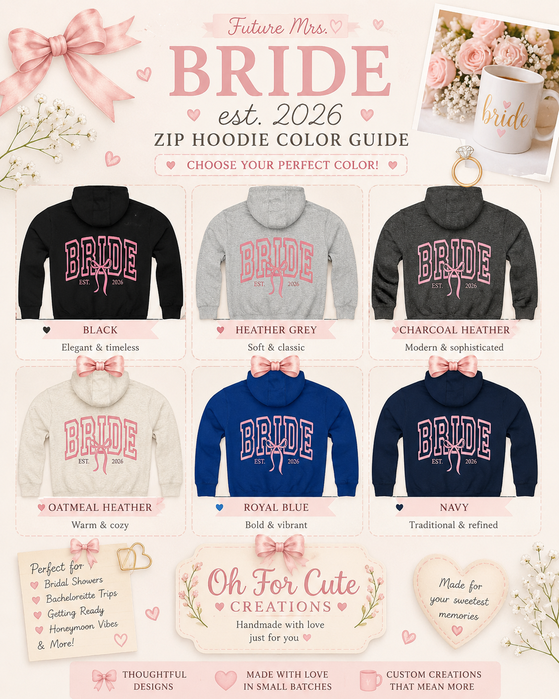 Bride Varsity Zip Hoodie — Pink Ribbon Bridal Party Pullover