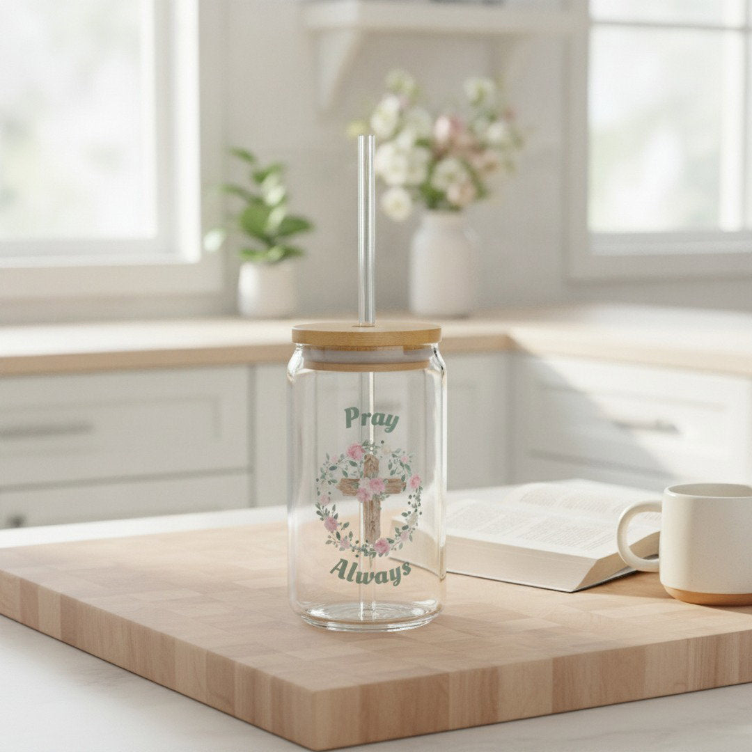 Pray Always 16 oz Glass Sipper Cup with Bamboo Lid & Glass Straw | Christian Floral Cross Iced Coffee Cup | Faith Gift for Women