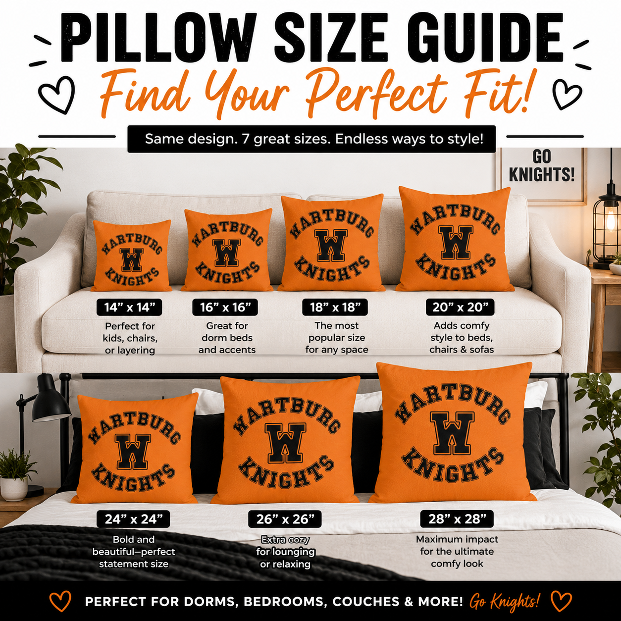Wartburg Knights Throw Pillow β Orange & Black College Dorm Decor | 7 Sizes
