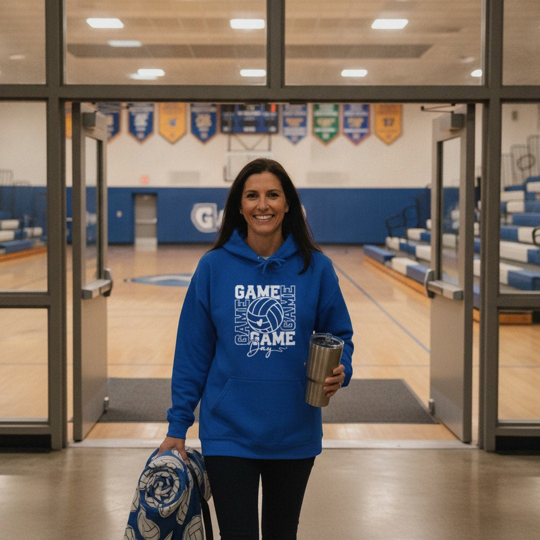 Game Day Volleyball Hoodie | Volleyball Fan Hoodie | KoMets Volleyball Sweatshirt | Royal Blue, Heather Gray & White