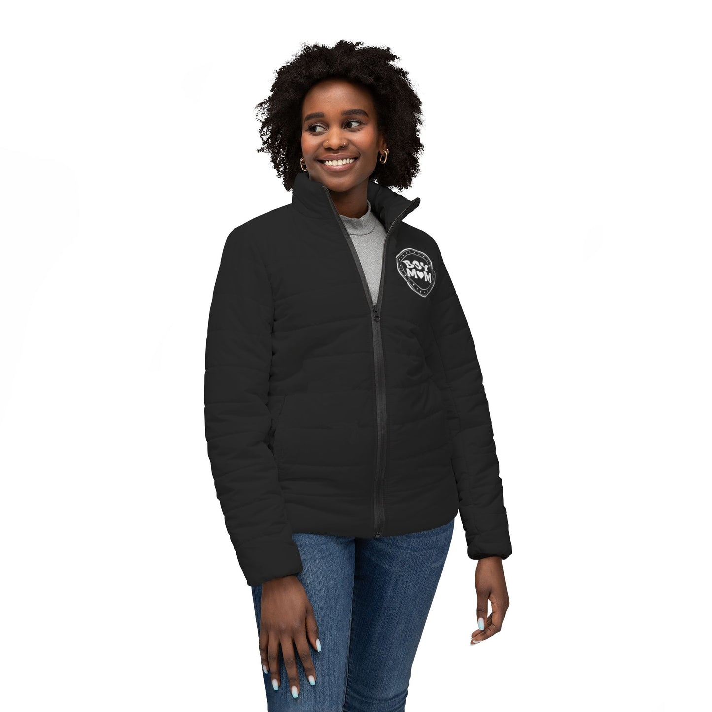 Women’s Black Puffer Jacket with 'BOY MoM' Logo — Lightweight Quilted Coat