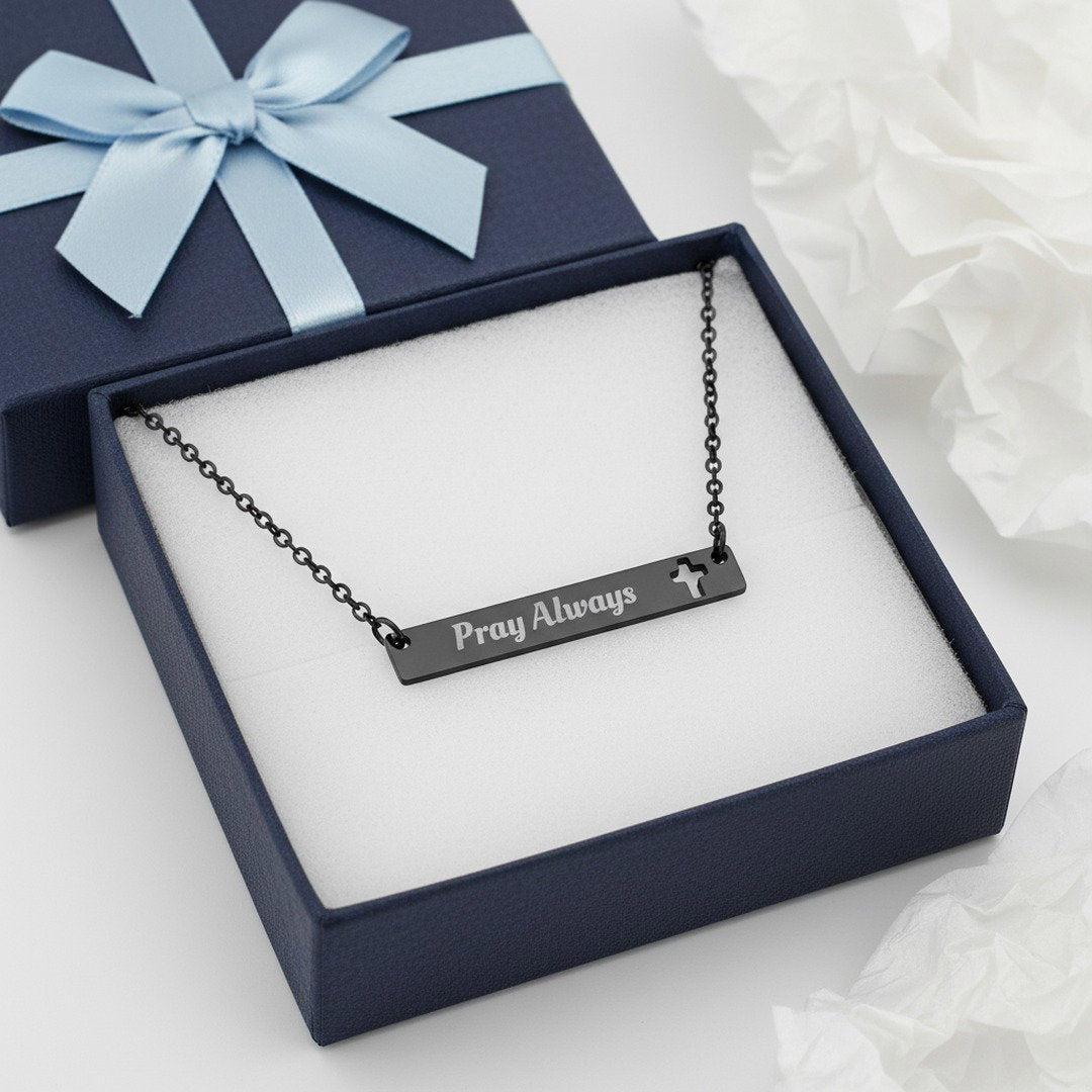 Pray Always bar necklace in black displayed in navy gift box with blue ribbon, faith jewelry gift for her