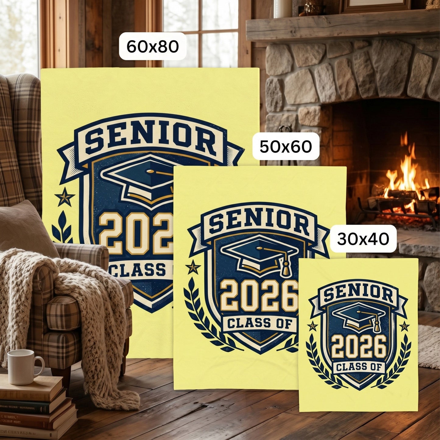 Three 'Senior 2026' graduation-themed blankets showing the different sizes of them in a cozy living room.