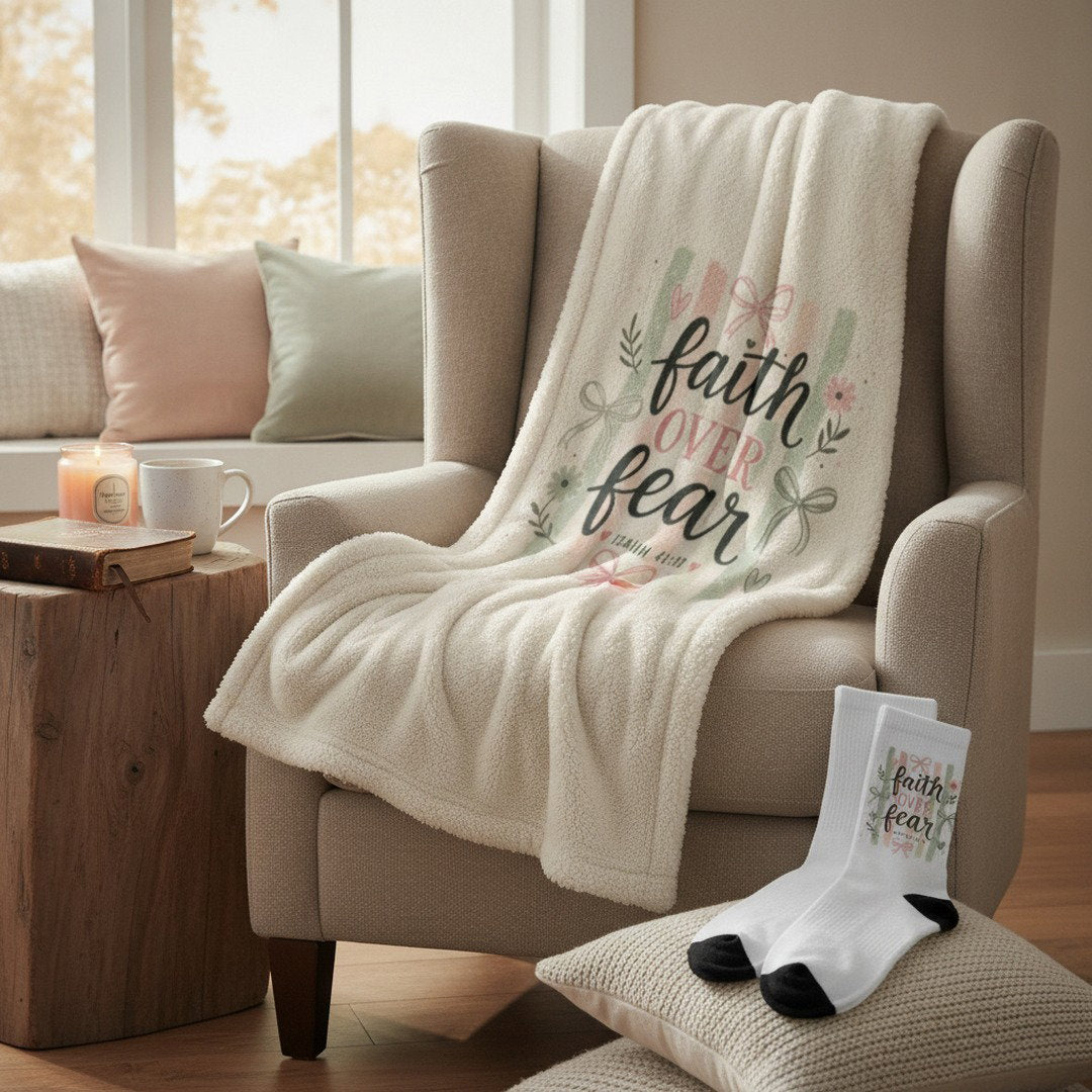 Encouragement Bundle - Faith Over Fear Encouragement Bundle | Christian Sherpa Blanket & Matching Crew Socks