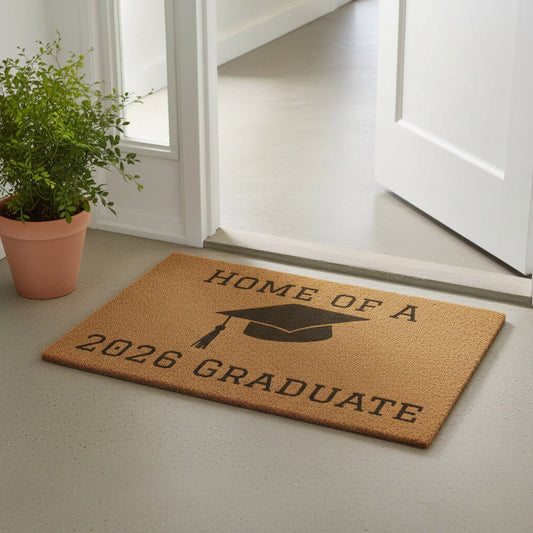 Doormat with 'Home of a 2026 Graduate' text and graduation cap design on a light gray floor.