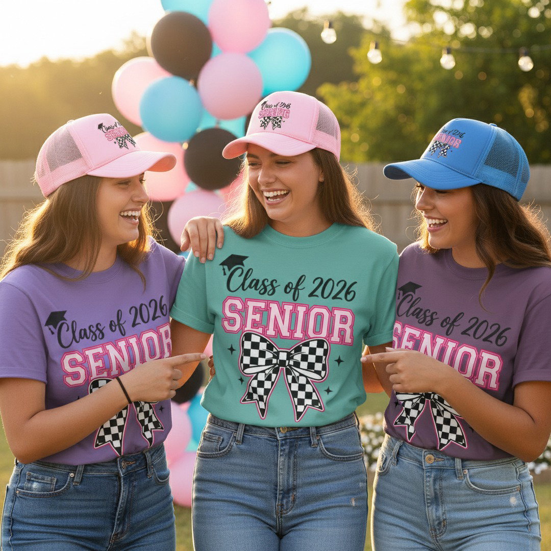 Three smiling young women wearing Class of 2026 Senior checkered bow t-shirts in violet and seafoam green with pink and blue Senior checkered bow trucker caps laughing together at outdoor graduation party with pink teal and black balloon arch at golden hour