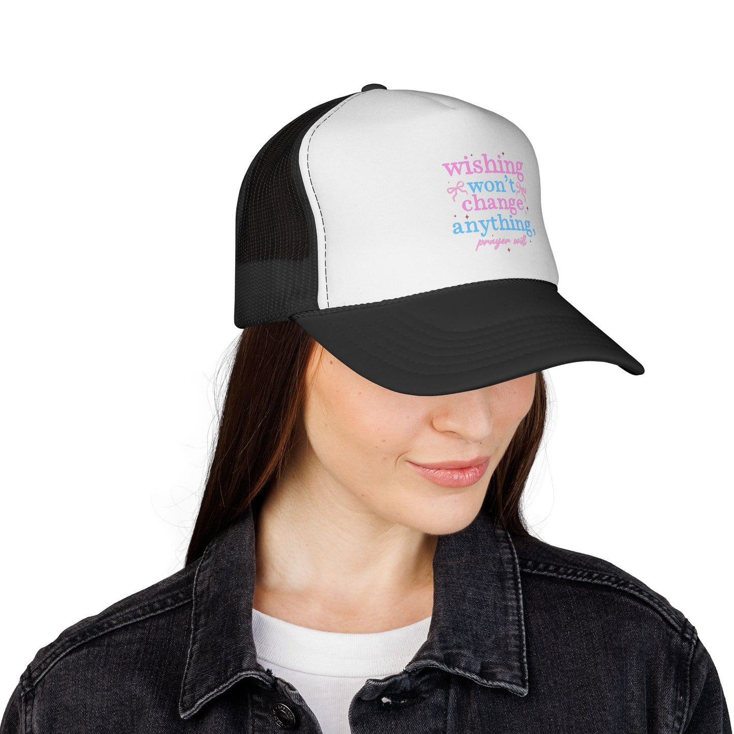 Wishing won't change anything Trucker Cap | pastel text, motivational phrase