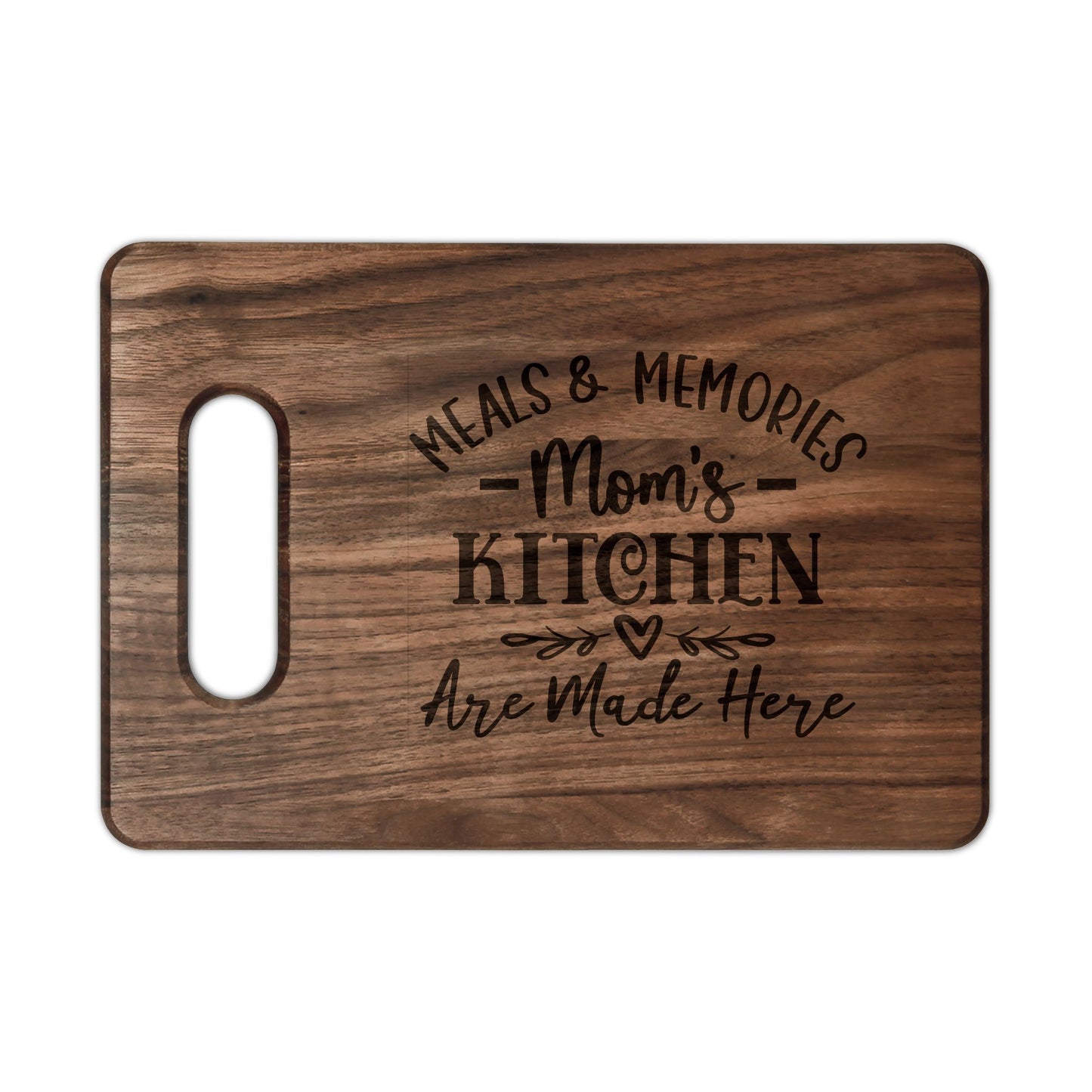 Mom's Kitchen Meals & Memories Engraved Wooden Cutting Board