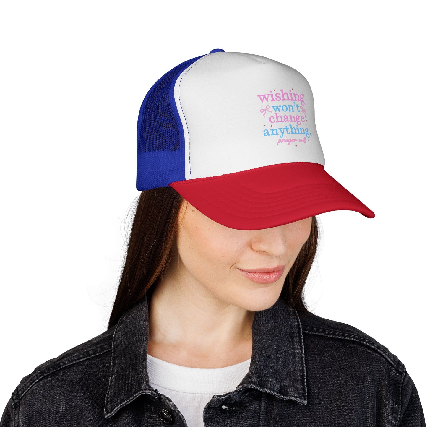 Wishing won't change anything Trucker Cap | pastel text, motivational phrase