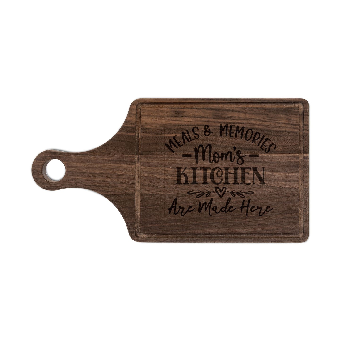 Mom's Kitchen Meals & Memories Engraved Wooden Cutting Board