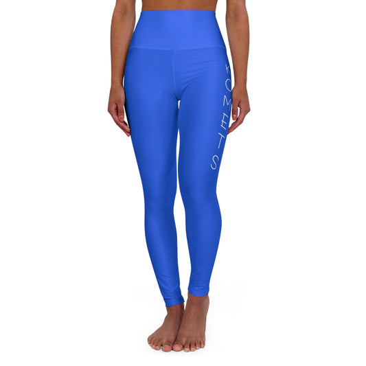 High-Waist Blue Yoga Leggings — 'KOMETS' Side Script, Stretch Activewear