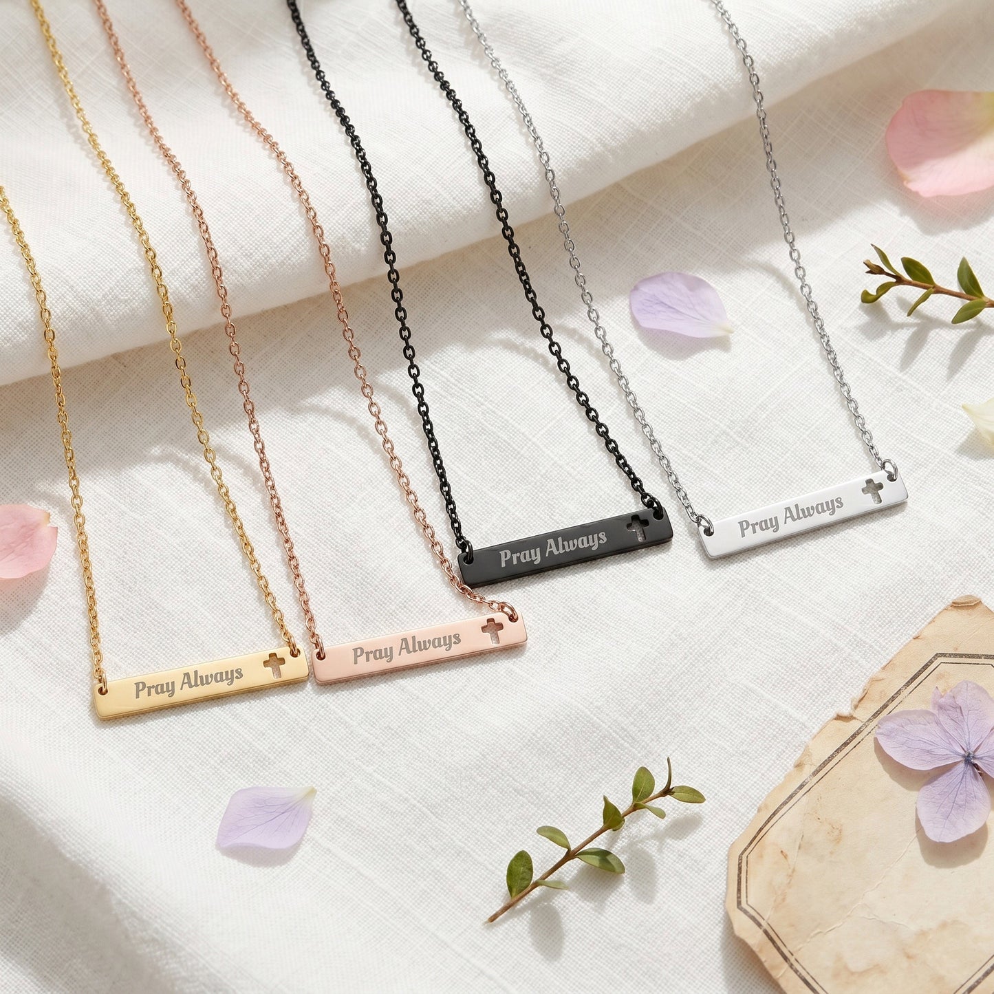Pray Always cross bar necklace in 4 colors - gold, rose gold, black, silver and stainless steel, Christian jewelry for her