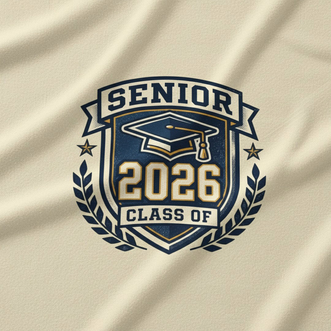 Close-up of Senior Class of 2026 shield crest design on yellow graduation blanket, navy and gold