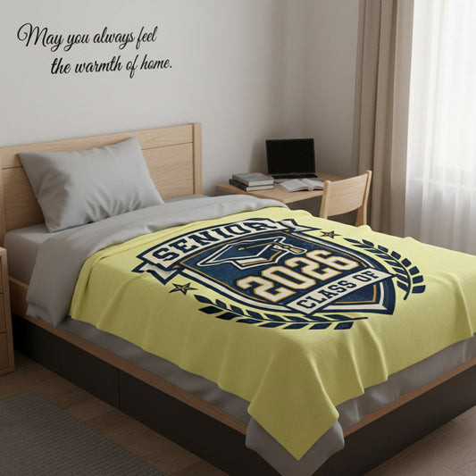 Senior Class of 2026 yellow graduation blanket on college dorm bed, meaningful going away gift for high school grad