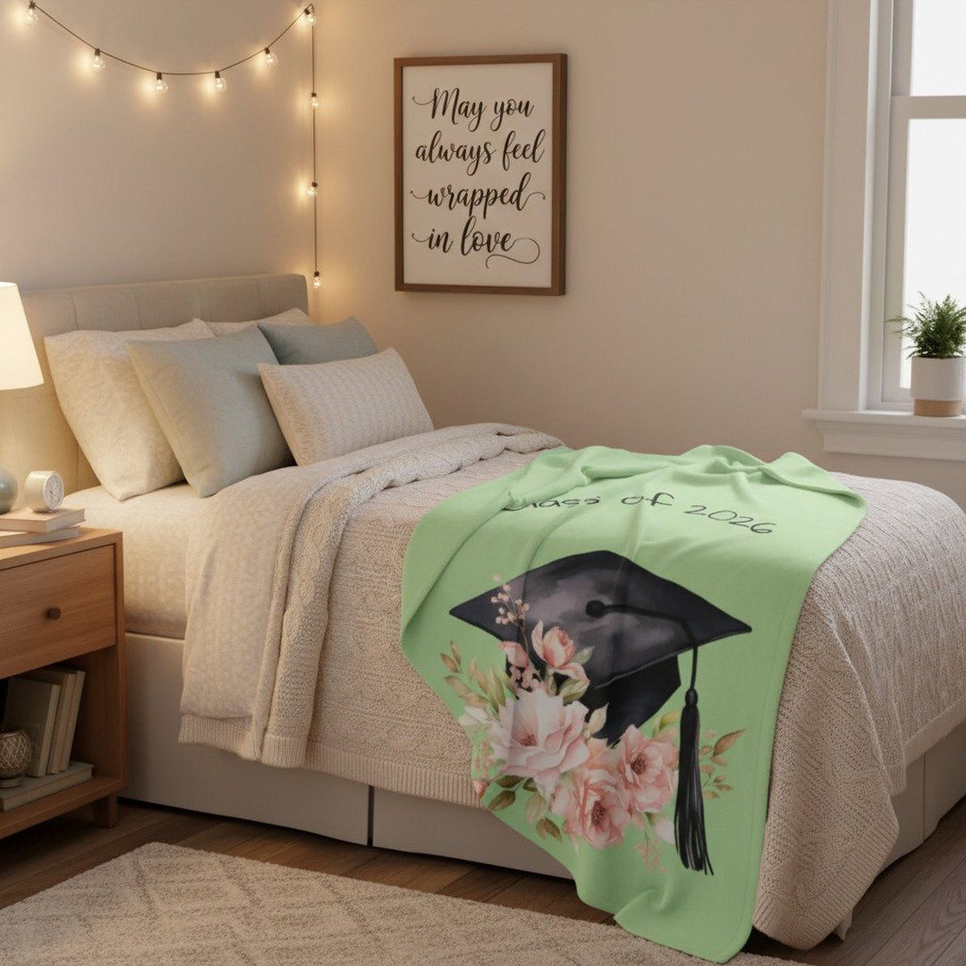 Class of 2026 sage green graduation blanket on college dorm bed with fairy lights, cozy gift for female grad
