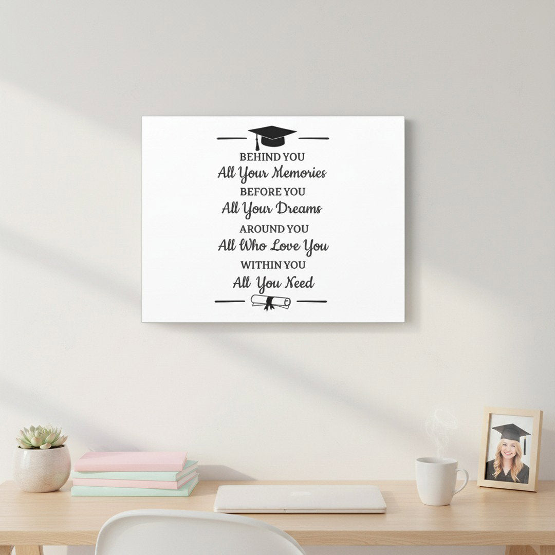 Graduation quote canvas hanging above light wood desk with succulent, pastel notebooks, and grad photo frame, sentimental graduation gift wall art for her