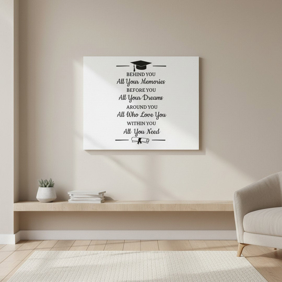 Graduation quote canvas print on neutral wall above minimalist shelf, sentimental grad gift wall art with cap and diploma graphics