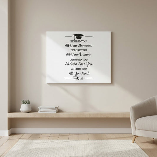 Graduation quote canvas print on neutral wall above minimalist shelf, sentimental grad gift wall art with cap and diploma graphics