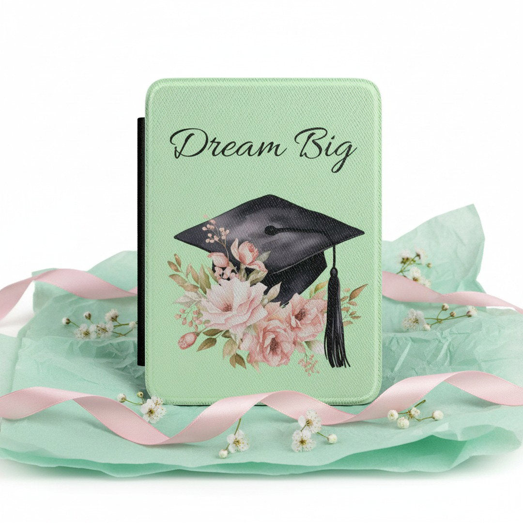 Mint green Dream Big Kindle case with pink ribbon and white flowers on mint tissue paper, beautiful graduation gift presentation