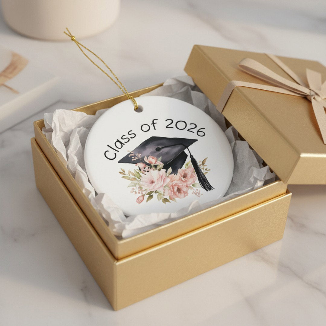 Class of 2026 graduation ceramic ornament nestled in open gold gift box with white tissue paper on marble surface, luxury graduation gift