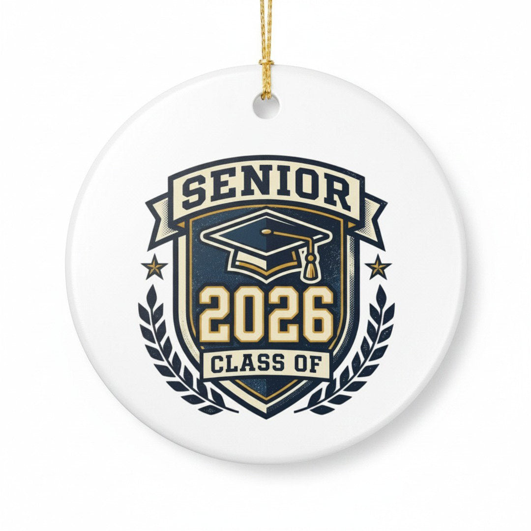 Senior 2026 Class Of ceramic graduation ornament on white background, navy and gold crest design with gold hanging string, graduation keepsake gift