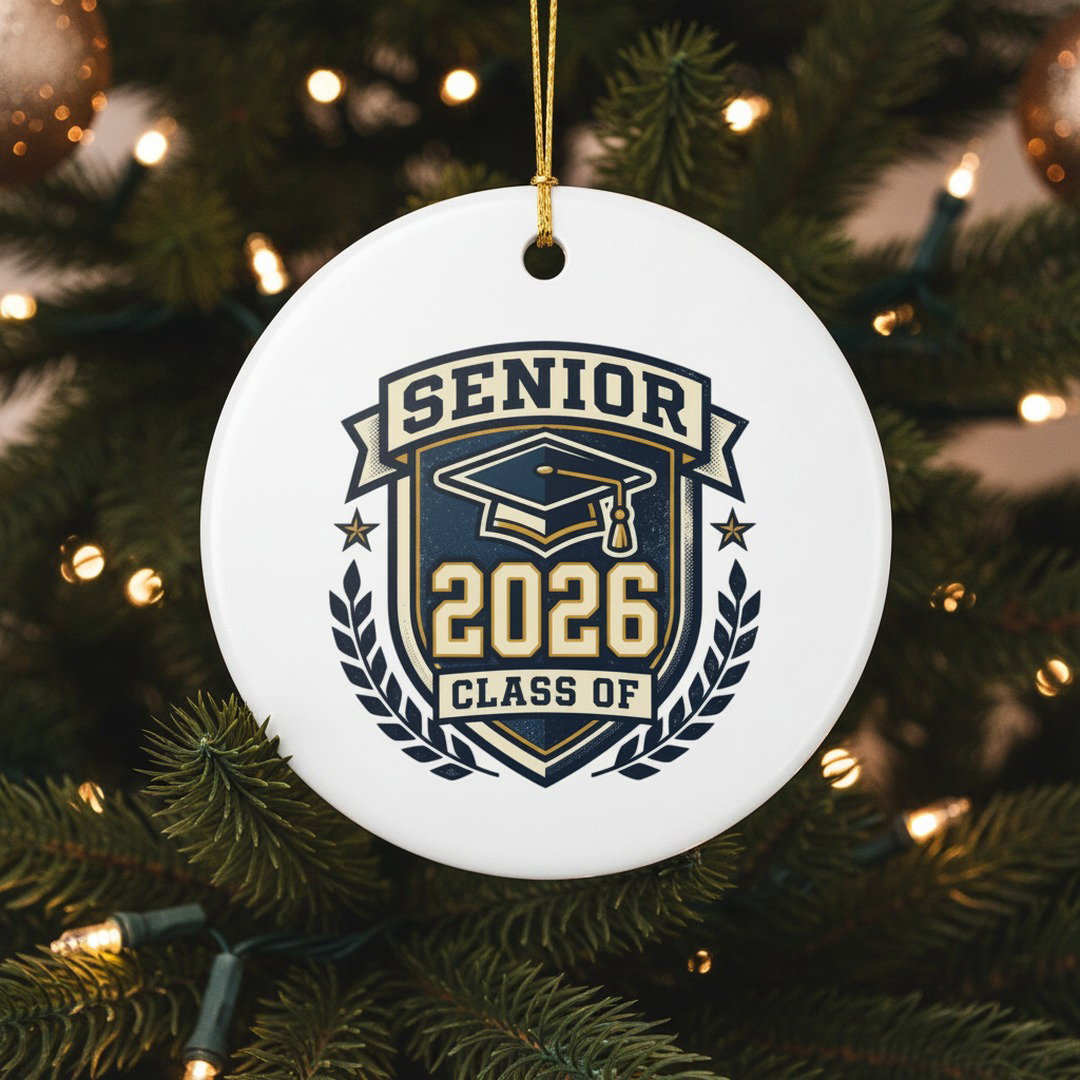 Senior 2026 Class Of ceramic ornament hanging on lit Christmas tree with warm bokeh lights, meaningful graduation keepsake holiday gift