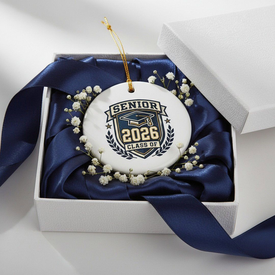 Senior 2026 graduation ceramic ornament nestled in white gift box with navy satin ribbon and baby's breath flowers, elegant graduation gift presentation