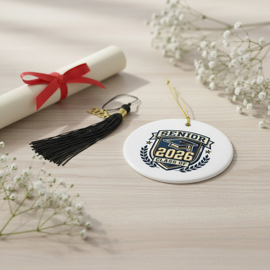 Senior 2026 Class Of ceramic ornament on light wood surface beside diploma scroll with red ribbon, black tassel, and baby's breath flowers