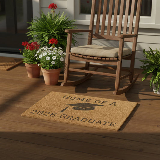 Home of a 2026 Graduate doormat on covered front porch with wood rocking chair and colorful potted flowers, graduation home decor