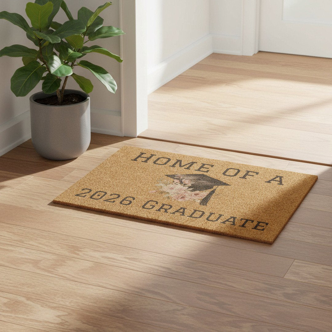 Home of a 2026 Graduate floral graduation doormat on hardwood floor in bright home entryway beside large fiddle leaf fig plant, graduation decor gift