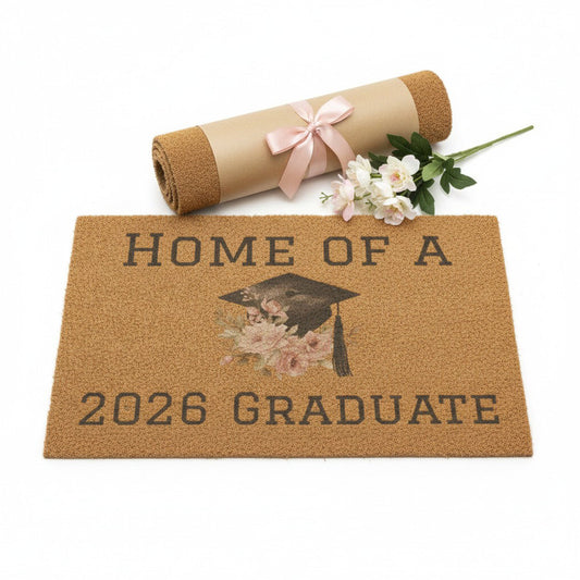 Home of a 2026 Graduate floral coir doormat displayed flat beside rolled mat wrapped in kraft paper with pink satin bow and white flower stems, unique graduation gift idea
