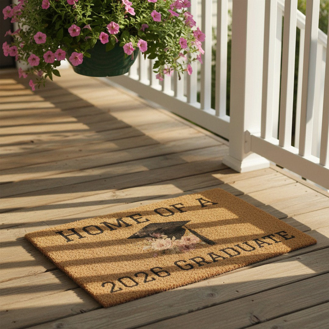Home of a 2026 Graduate floral coir doormat on wood plank porch beside white railing with hanging pink flower basket, graduation welcome mat