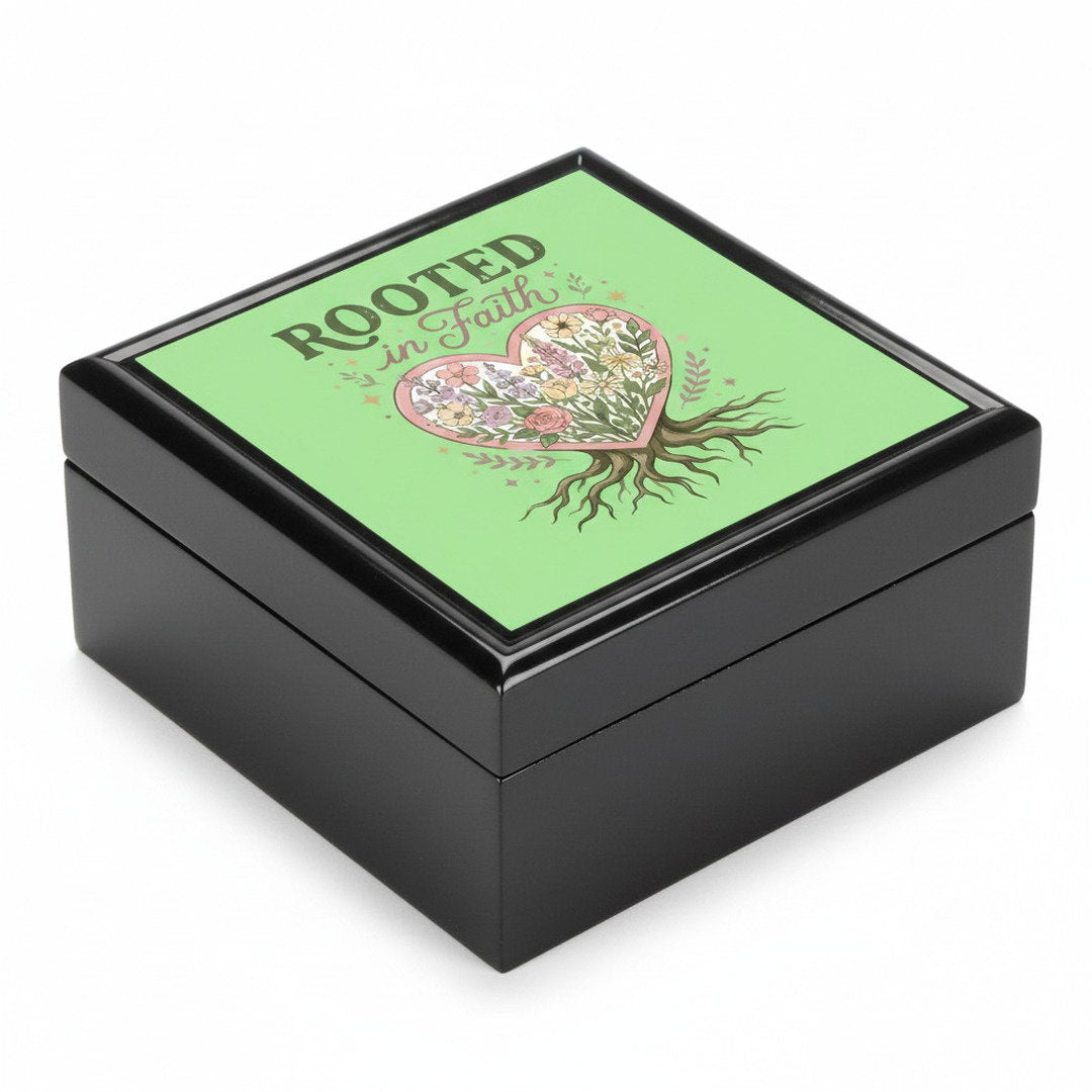 Rooted in Faith jewelry box in black finish with green floral heart lid - Christian keepsake gift box