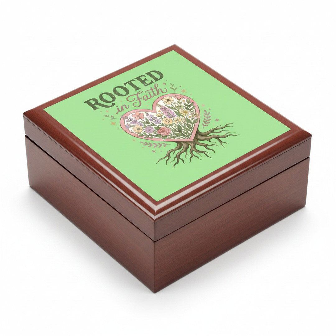 Rooted in Faith wooden jewelry box in red mahogany with green floral heart tree lid - faith keepsake box
