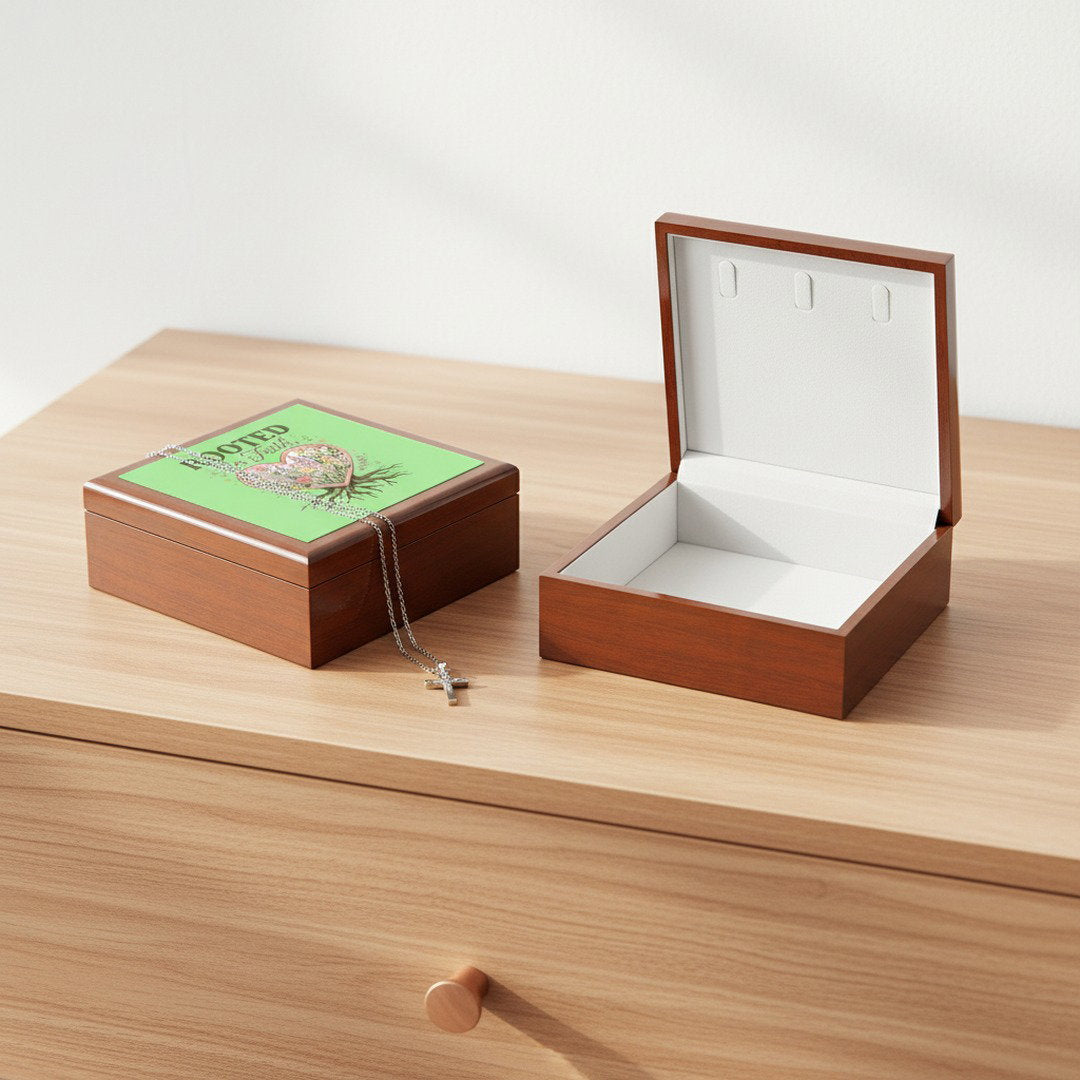 Wooden jewelry box with a necklace on a wooden surface