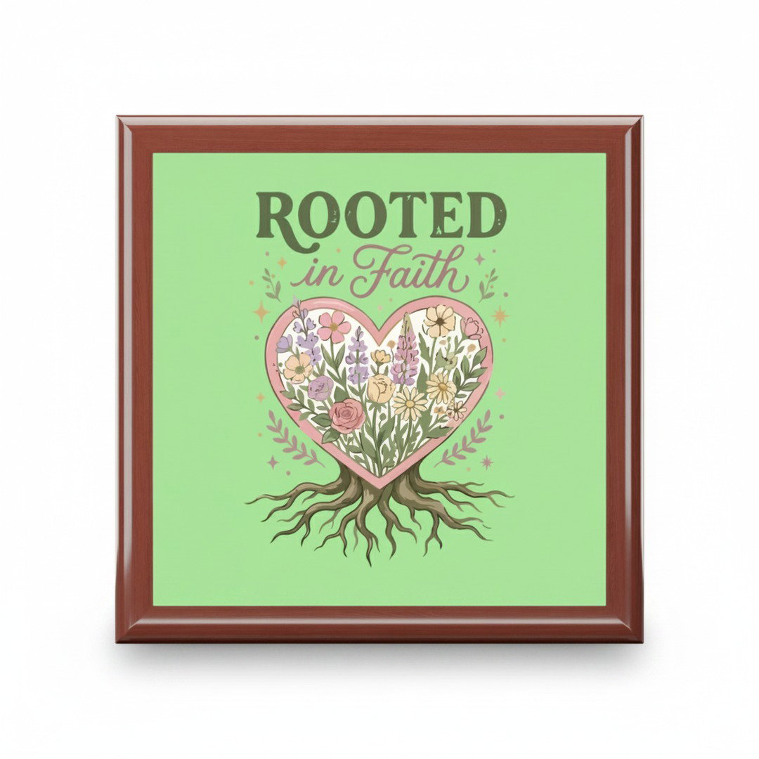 Rooted in Faith jewelry box lid close-up - green background with floral heart tree design in red mahogany finish