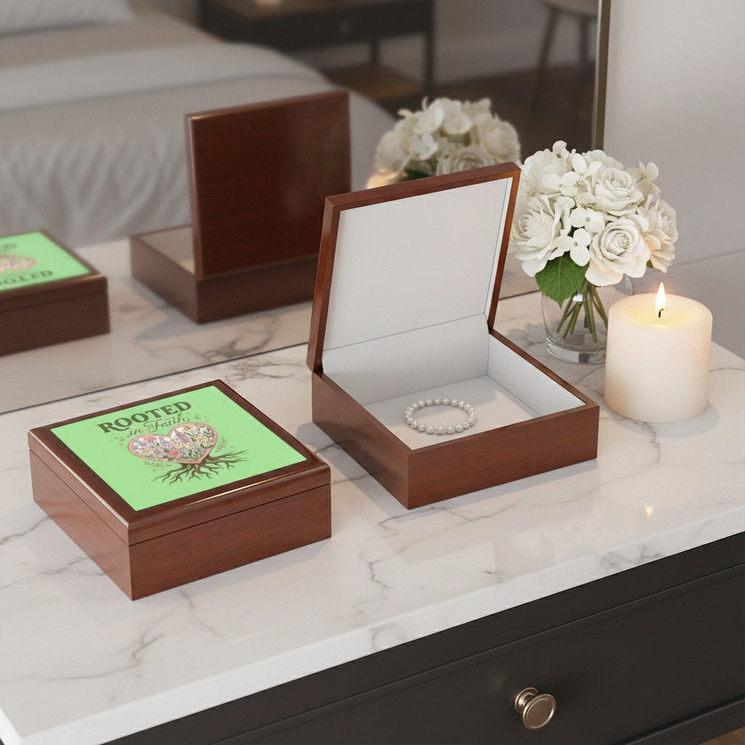 Wooden jewelry box with a pearl bracelet on a marble surface next to a candle and flowers.
